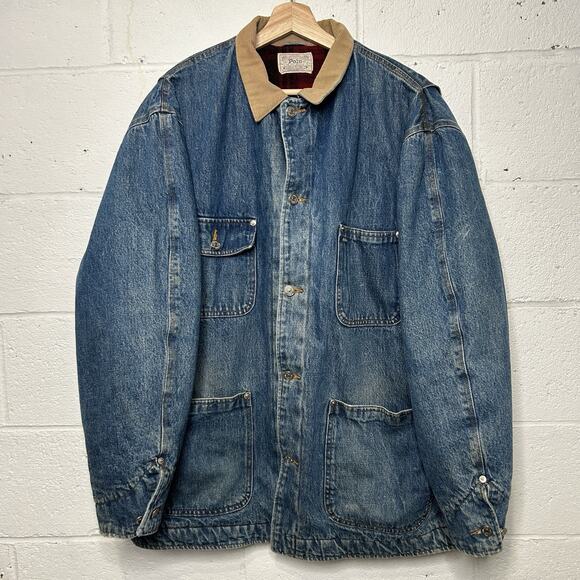 Vintage Polo Country Ralph Lauren Plaid-Lined Denim Chore Coat - Picture 1 of 9